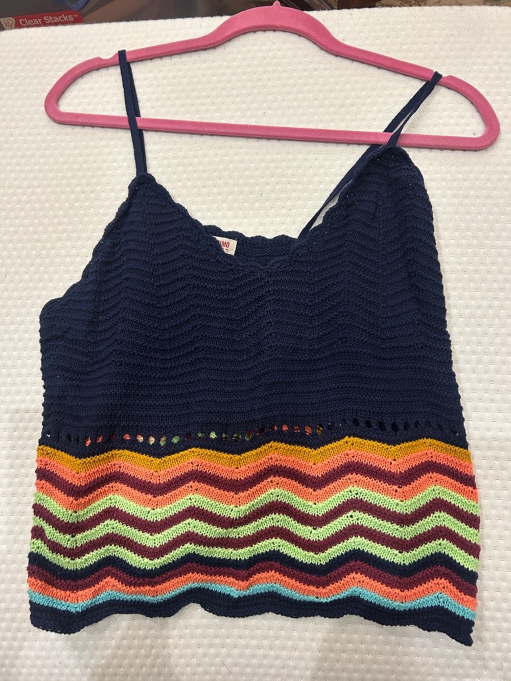 Navy Multicolor Crochet Chevron Knit Tank Top - L
